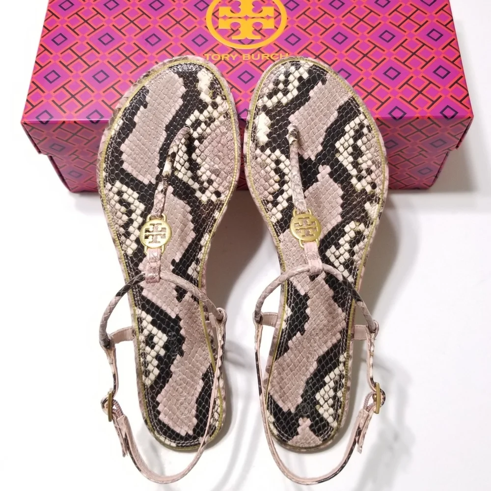 NIB Tory Burch Emmy Snake Printed‎ Leather T-Strap Flat Sandal in Misty Rose